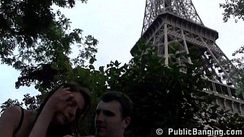 Preview 2 of Stylo Sex - Eiffel Tower crazy public sex threesome group orgy with a cute girl and 2 hung guys shoving their dicks in her mouth for a blowjob,  and sticking their big dicks in her tight young wet pussy in the middle of a day in front of everybody