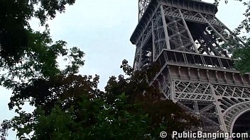 Preview 3 of Stylo Sex - Eiffel Tower crazy public sex threesome group orgy with a cute girl and 2 hung guys shoving their dicks in her mouth for a blowjob,  and sticking their big dicks in her tight young wet pussy in the middle of a day in front of everybody