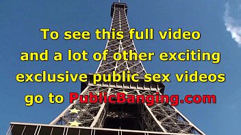 Preview 1 of Stylo Sex - Eiffel Tower crazy public sex threesome group orgy with a cute girl and 2 hung guys shoving their dicks in her mouth for a blowjob,  and sticking their big dicks in her tight young wet pussy in the middle of a day in front of everybody