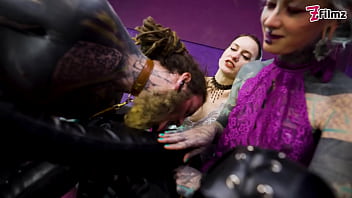 Preview 3 of Xxx Snny Loan Hd Com - Heavy TATTOOed sub played with and PEGGED by 2 dominas