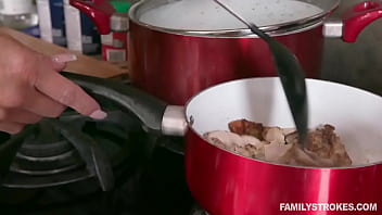 Preview 1 of Speculum Gape - Perfect MILF Stepmom With Big Boobs Gets Fucked By Her Stepson In The Kitchen While Daddy Is Eating