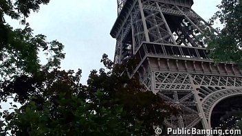 Preview 3 of Old Sexy 100 Years Girl - Eiffel Tower public sex threesome group orgy with a cute girl and 2 hung guys shoving their dicks in her mouth for a blowjob,  and sticking their big dicks in her tight young wet pussy in the middle of a day in front of everybody