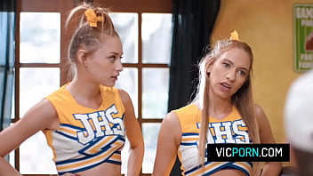 Preview 1 of Nurse Sex Lesbian - Perv coach fucks two teen cheerleaders Kyler Quinn and Khloe Kapri