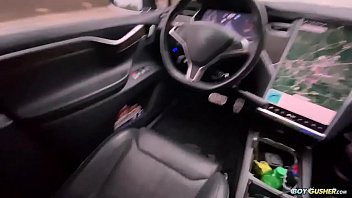 Preview 1 of Fast Club Stocking - 2 guys sucking and fucking in a Tesla while on auto pilot