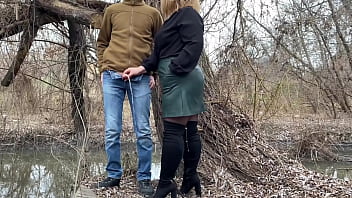 Preview 4 of Telugu Sex Roja - Mother-in-law holds my dick while I pee outdoors