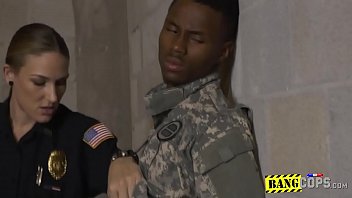 Preview 3 of Gabrielle Santini Bukake - Fake black soldier is having hardcore sex with two big titty MILFs.