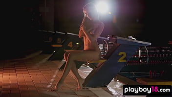 Preview 3 of Toy Sexx - Petite small titted swimmer babe Vi Shy posing naked on the starting block