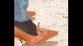 Preview 1 of Swit Teen - Girl with nylons looks her high shoes and wobbles with her toe. Nylon Feet Shoeplay and dipping feet