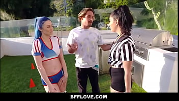 Preview 2 of Asian Fucked By Shemale - Three Hot Teen Best Friend Soccer Players Mackenzie Moss,  Jewelz Blu And Vanessa Sky Take Turns Sitting On Boyfriends Cock POV