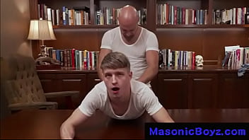 Preview 3 of Porn Sixvideo - Hung Master bareback&#039_s boy over his desk @MasonicBoyz