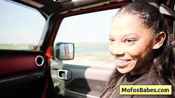 Preview 1 of Teen Sqwert - Hot busty ebony girl rub he rshaved wet pussy in the car seducing he rfriend - Eden West,  Charles Dera