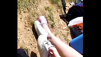 Preview 3 of Fauk Bus Com - Girlfriend reveals her sweaty feet and slips out of her stinky sneakers,  shoeplay stinky socks foot dipping shoeplay