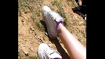 Preview 1 of Fauk Bus Com - Girlfriend reveals her sweaty feet and slips out of her stinky sneakers,  shoeplay stinky socks foot dipping shoeplay