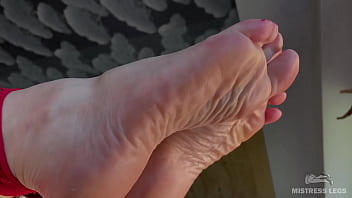 Preview 4 of Mom Frosd - Dangling transparent high heel shoes on my bare feet,  closeup foot fetish