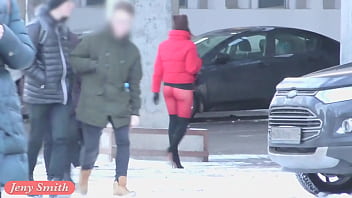 Preview 3 of Kim Lee Anal - Red Tights. Jeny Smith public walking in tight seamless red pantyhose (no panties)