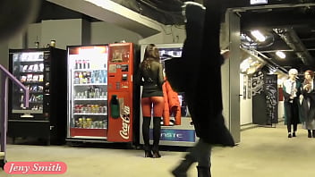 Preview 4 of Kim Lee Anal - Red Tights. Jeny Smith public walking in tight seamless red pantyhose (no panties)