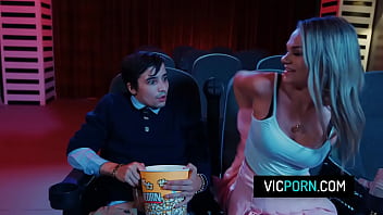 Preview 1 of Aela But - Hot blonde teen and her boyfriend fucking in a public cinema
