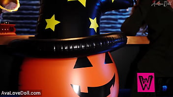 Preview 1 of Tarsan Hot - Halloween Slutty Huge Boobs Blonde Witch Rubs Her Pussy On Plastic Ghost