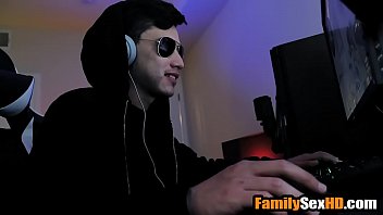 Preview 2 of Crossdresser Teen Hardcore - Stepsister fucks stepbrother while he is playing video games