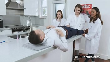 Preview 3 of Pinoy Alden Richards - Three girlfriends sharing cock in lab coat