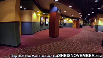 Preview 4 of Long Stick - HD Inside The Public Cinema My Horny Kinky Step Dad Wanted A BJ And Asshole Play,  Cute Ebony Blonde Step Daughter Sheisnovember Giving His Hard Cock A Slow Kneeling Blowjob And Spreading Her Shaved Pussy Lips Half Naked Fetish By Msnovember