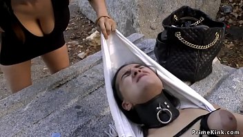 Preview 3 of Sex Girl To Girl In Buttub - Gagged brunette gets facial in public