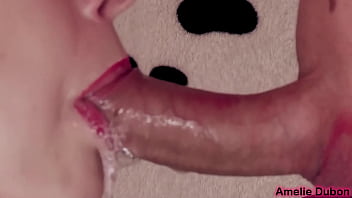 Preview 3 of Cow Suit - Girl Sensual Deep Sucking Cock Boyfriend after Work - Closeup