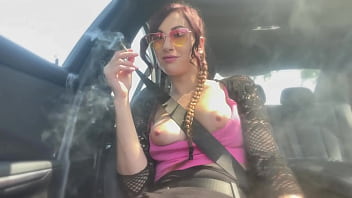 Preview 2 of Hot Sex Puss - Italian big tits Milf Smoking and flashing her tits and hard nipples in the car