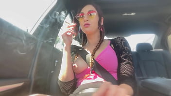Preview 1 of Hot Sex Puss - Italian big tits Milf Smoking and flashing her tits and hard nipples in the car