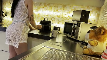 Preview 1 of Hanti Sex - Hot Brunette Babe in a Transparent Sexy Short Skirt Style Dress shows Pussy and her Big Ass in the Kitchen