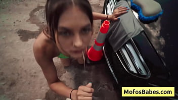 Preview 1 of Alegja Blege - Busty blonde teen gives wet blowjob in open public - JC Wilds,  Johnny Love
