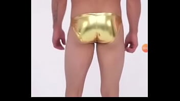 Preview 2 of Father Play His Son Cock - Guy in metallic golden bikini