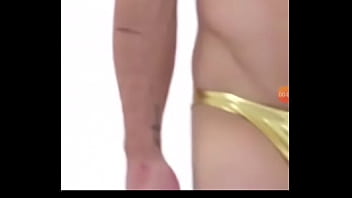 Preview 3 of Father Play His Son Cock - Guy in metallic golden bikini