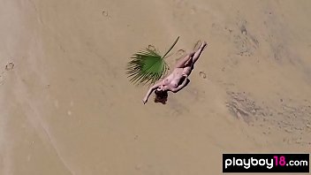 Preview 2 of Teen Cleanings Porn Movies - Busty inked beauty in bikini stripping on the beach