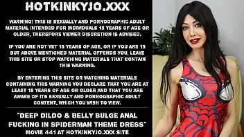 Preview 1 of Mom And Son Sex Playing - Deep dildo and belly bulge anal fucking in spiderman theme dress Hotkinkyjo