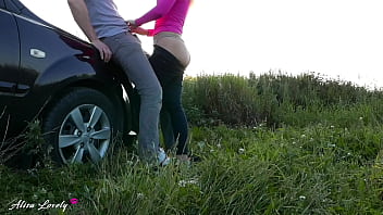 Preview 2 of Ksrtun Xxx - Horny Taxi Driver Fucked Blonde Hard Standing by Car at Sunset - Amateur Couple Outdoor Sex