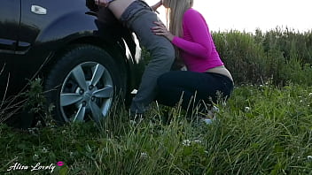 Preview 3 of Ksrtun Xxx - Horny Taxi Driver Fucked Blonde Hard Standing by Car at Sunset - Amateur Couple Outdoor Sex