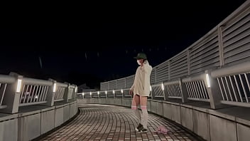 Preview 2 of Power Rangers Jungle Fury Xxx - ミニスカニーハイの女装子まゆちゃんが深夜の歩道橋でスポットライトを浴びながら一枚ずつ服を脱いでいき最後は全裸でＭ字開脚から大股開きで露出プレイを楽しんでいる