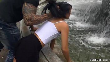 Preview 1 of Forskin Trann - Slim brunette wet at public fountain
