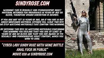 Preview 1 of Beauty Art Porn - Cyber lady Sindy Rose with wine bottle anal fuck in public