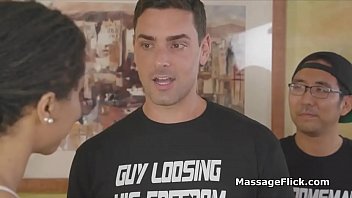 Preview 1 of American Lady Massager - Oily ebony masseuse riding on bridegrooms hard cock