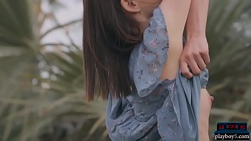 Preview 2 of Along Mwi - Petite body teen babe Adel Morel outdoor striptease