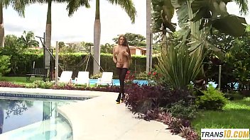 Preview 1 of Sex Videos First Time - Busty latina tgirl gangbanged outdoors