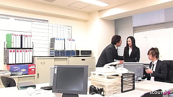 Preview 1 of Brandi Lesbain - Petite Japanese Secretary seduce to Creampie Fuck in MMF Threesome at Asian Office in uncensored JAV