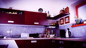 Preview 1 of Clup Wall Sex - hot and petite babysitter in the kitchen preparing tea with big bare ass