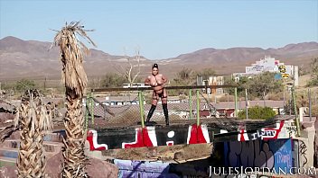 Preview 1 of Amateurwife Boobs Dildo Cam - Jules Jordan - Angela White Gets Dp&#039_d In A Desolate Warehouse