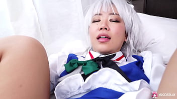 Preview 4 of Beverly Paige - Sexy Asian slutty girl Anna Saotome fucks with sex toy on the bed in costume.