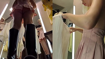 Preview 1 of Asiatique Hot Escort - Upskirt view in public fitting room on pussy of blonde with big tits