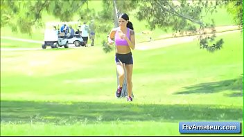 Preview 1 of Monsanto Strom - Sexy young cutie brunette amateur Mya gets fully naked and run on the golf course in public