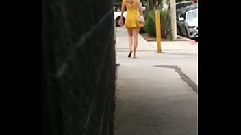 Preview 2 of Bbw Asia - CANDID super sexy blonde walking down the street in a sexy yellow dress